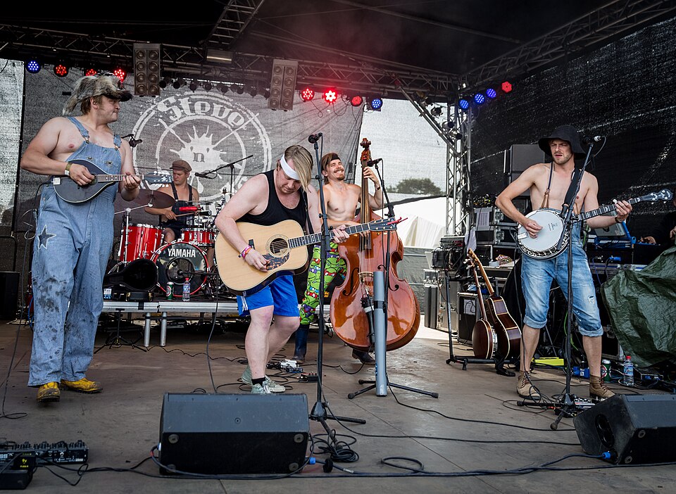 Steve'n'Seagulls on an outdoor festival stage, several members shirtless in overalls, playing mandolin, acoustic guitar, upright bass and banjo